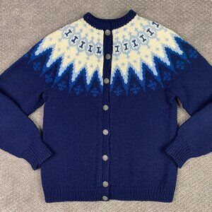 Vintage Siril Shop Sweater Cardigan Fair Isle Norway Norwegian Women's Blue Wool